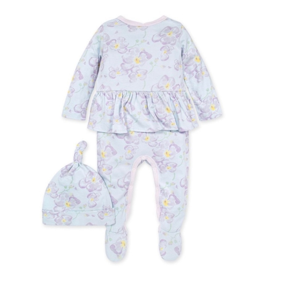 Newborn  Baby Sunny Orchids Organic Baby Footie Jumpsuit & Knot Top Hat Set